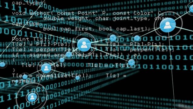 Animation of network of connection with icons over black background with blue binary code