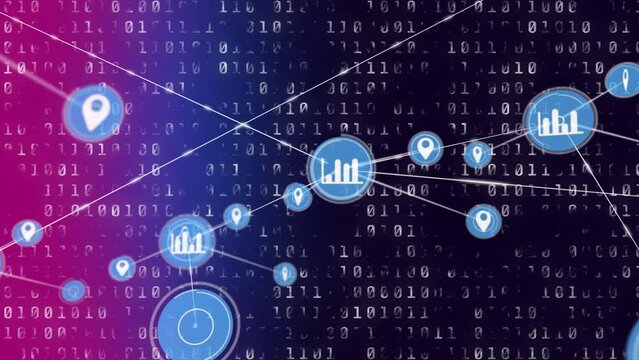 Animation of network of connection with icons over pink and black background with binary code