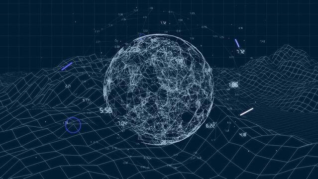 Animation of globe, diverse shapes, eye and numbers over metaverse space