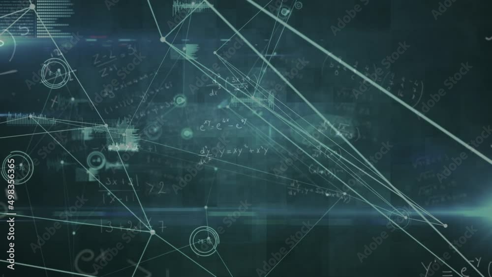 Poster animation of network of connections with equations and data processing