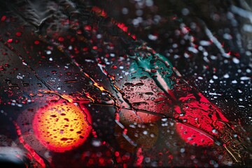Background with colorful circles and rain drops on the car window. Night driving. 