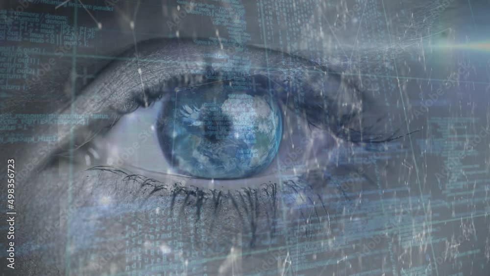 Poster animation of data processing and binary coding over blue eye