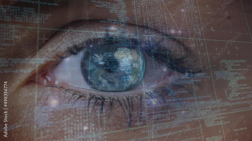 Poster animation of data processing and binary coding over blue eye