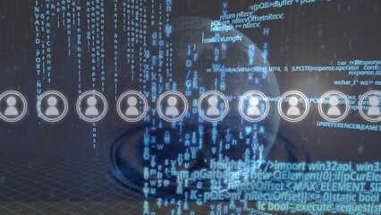 Animation of data processing and digital people icons over globe and water drops - Powered by Adobe