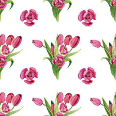 Watercolor pattern with a bouquet of tulips. Flowers on a stalk. Seamless texture on a white background.