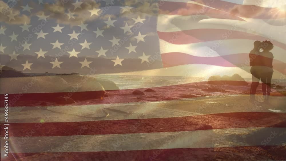 Poster Animation of flag of usa over african american couple at beach