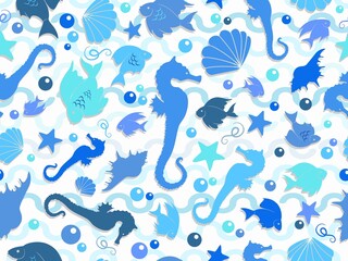 Fototapeta na wymiar Marine Life Summer Monochrome Blue Vector Seamless Repeat Textile Pattern