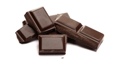 Dark chocolate with cocoa bars, pieces isolated on white  