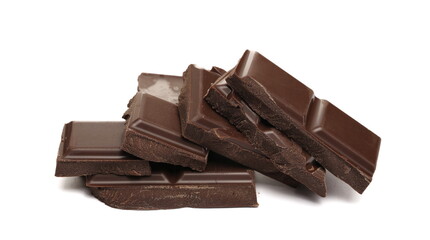 Dark chocolate with cocoa bars, pieces isolated on white  
