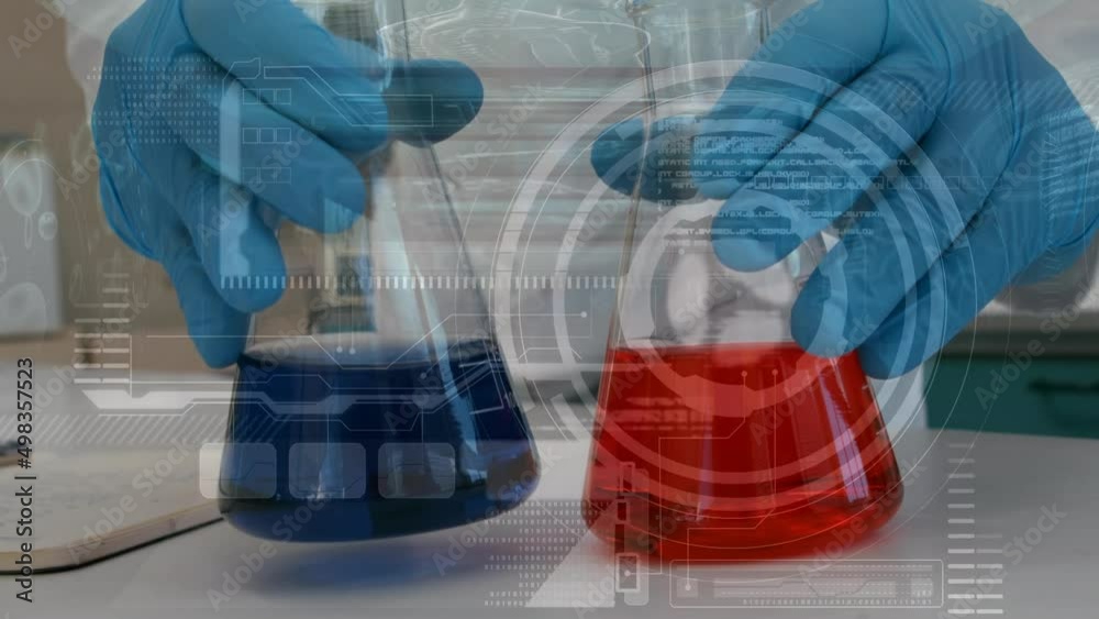 Poster animation of scope scanning and data processing over midsection of scientist working in lab