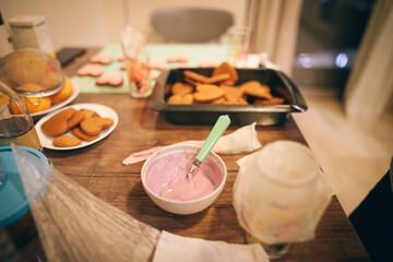 The process of making gingerbread cookies. Glaze coating. High quality photo
