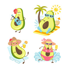 Obraz na płótnie Canvas Summer Avocado characters set vibing at beach, swimming, sunbathing, drinking coconut and playing ukulele. Cute Avocado cartoons design isolated on white for t-shirts, greeting cards, stickers.