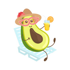 Cute summer avocado sunbathing on deck chair and drinking cocktail - summer vibes print for t-shirts, greeting cards, stickers. Avocado cartoon vector illustration eps10