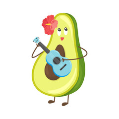 Cute summer avocado cartoon character playing on ukulele guitar - summer vibes hawaian print for t-shirts, greeting cards, stickers. Kawaii summer avocado on vacation vector illustration eps10