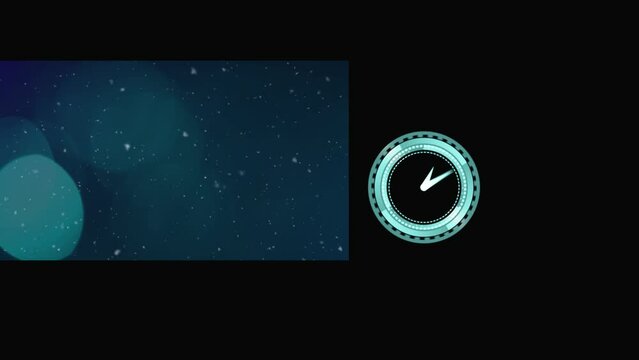 Animation of moving clock, blue circles and dust over black background