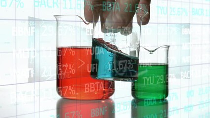 Animation of financial data processing over hand of lab worker pouring solutions in glasses - Powered by Adobe