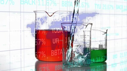 Animation of financial data processing over liquid pouring into lab glass - Powered by Adobe