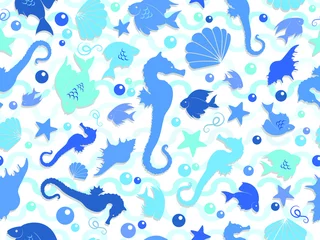 Photo sur Plexiglas Dessiner hippocampe, coquillage, la vie marine, la vie marine, étoile de mer, poisson, bleu, sous marin, frais, eau, animaux, art, sous marin, poisson ange, mignon, joyeux, été, mer, océan, bleu, monochrome, vagues, c