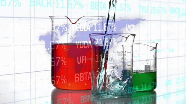 Animation of financial data processing over liquid pouring into lab glass