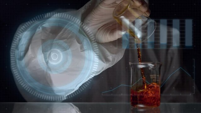 Animation of diverse data over lab worker pouring reagent into glass