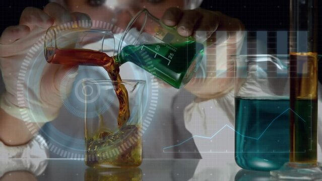 Animation of diverse data over lab worker pouring reagents into glass