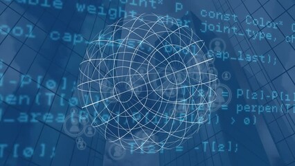Animation of rotating sphere and data processing over blue background with skyscrapers - Powered by Adobe