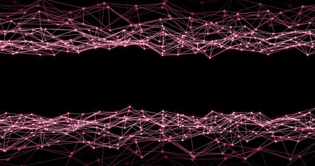 Pink top and bottom lines and dots connecting technology and science style on black background. 3d rendering.