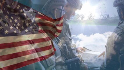 Animation of flag of usa over diverse male soldiers with weapons - Powered by Adobe