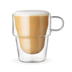 Flat white coffee in a transparent cup isolated.