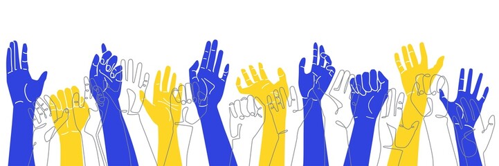 Banner with human hands close up. Drawing in yellow and blue colors of the Ukrainian flag. Support Ukraine. Pray for Peace.