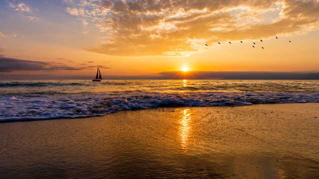 Ocean Sunset Inspirational Sailboat Landscape High Resolution