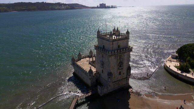 Aerial view of Belem Tower in Portuguese Torre de Belem or the Tower of Saint Vincent in Lisbon, Portugal