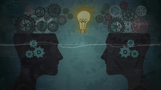 Animation of gears moving over heads and bulb on green background