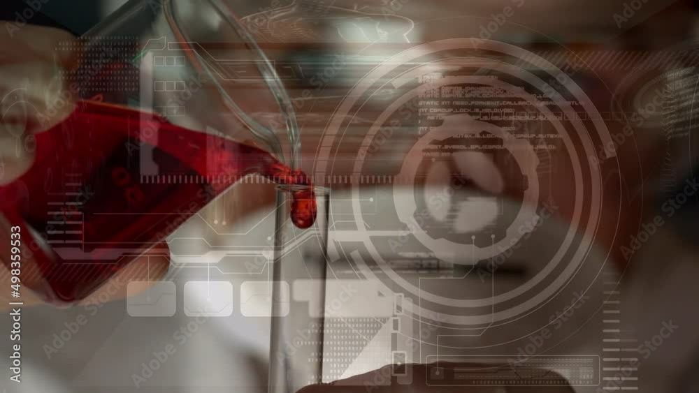 Poster animation of scope scanning and data processing over scientist working in lab
