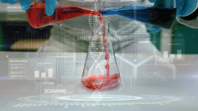 Animation of data processing over midsection of scientist working in lab