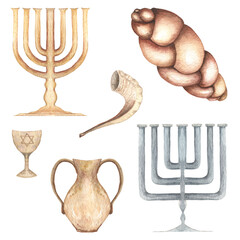 Old vintage utensils for Shabbat. Watercolor painted set of Jewish traditional bread, menorah, candlestick, shofar isolated on white.