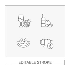  Fruits line icons set. Different types of tropical fruits. Balanced nutrition. Diet concepts. Isolated vector illustrations. Editable stroke