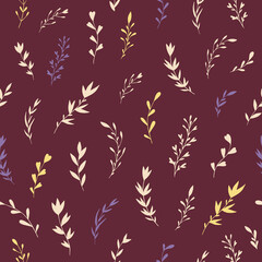Seamless vector pattern of graphic floral and herbal elements. Background for greeting card, website, printing on fabric, gift wrap, postcard and wallpapers.