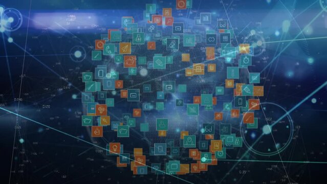 Animation of network of connections with icons on blue background