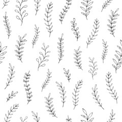 Seamless vector pattern of graphic floral and herbal elements. Background for greeting card, website, printing on fabric, gift wrap, postcard and wallpapers.