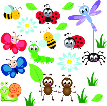 A large set with cute insects. Colorful vector illustration in a flat style. Bee, butterfly, ladybug, caterpillar, dragonfly, spider, daisy. Smiling characters for children's design.