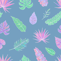 Fototapeta na wymiar Tropic seamless vector pattern with tropical leaves. Tropical botanical motives. Vector illustration. Summer decoration print for wrapping, wallpaper, fabric. 