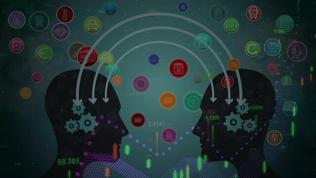Animation of diverse data, gears adn graphs on dark green background