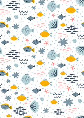 Sea birthday invitation seamless pattern. Kids birthday party underwater background. Ocean life card template. Cute marine life, corals reef fish cartoon banner. Ocean paper vector illustration.