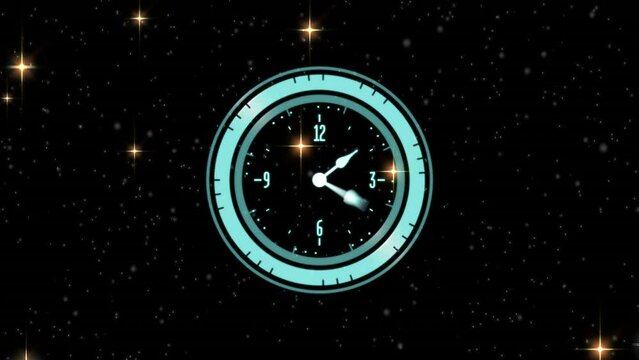 Animation of clock and falling stars over black background