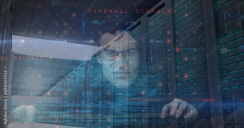 Poster animation of digital security warnings, over hacker using computer, server room and data processing