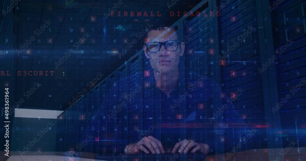 Poster animation of cyber attack warning and data processing over male hacker and computer servers