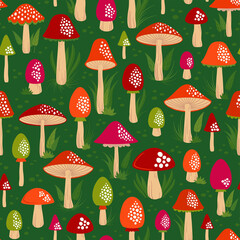 Fairytale mushrooms world vector background. Seamless pattern with fungi. - 498362135