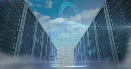 Animation of cyber attack warning and padlock over server room - Powered by Adobe