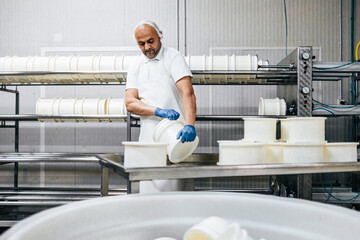 Manual worker in cheese and milk dairy production factory. Traditional European handmade healthy...
